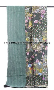 Indian Twin Size Patchwork Kantha Quilt Throw Cotton Blanket Green Bedspread  - Picture 1 of 1