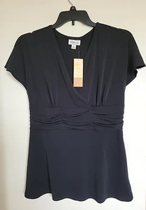 COLDWATER CREEK M Black Slinky Knit SURPLICE Wrap TOP Dressy Pullover NEW - Picture 1 of 4