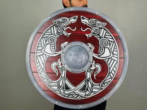 Handcrafted Wooden Viking Shield with Dragon Design Authentic Battle-Worn Shield - Picture 1 of 7