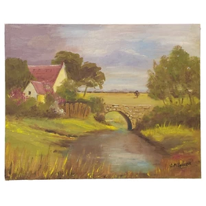 Vintage Stella M. Singer Signed Landscape Painting Cottage River Bridge ~8"x10" - Picture 1 of 24