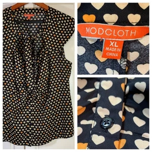 ModCloth XL Herz AOP ärmellose Bluse schwarz Ausschnitt Bindeknopf romantisch Academia - Bild 1 von 12