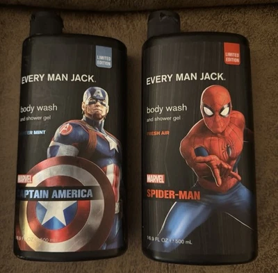 Every Man Jack Marvel Body Wash 2-Pack Capt America & Spider Man 16.9 oz NEW - Image 1 of 2