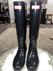 Hunter Original Espalda Ajustable Brillante Negro Clásico Botas de Lluvia Altas, Mujer EE. UU. 8 - Imagen 1 de 8