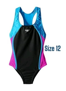New Speedo Girl's Swimsuit One Piece Mesh Splice Thick Strap Speedo Black Sz 12 - Picture 1 of 7