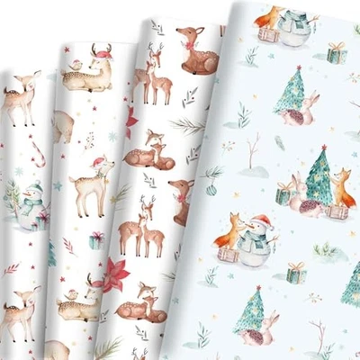  12 Sheets Christmass Wrapping Paper Deer Fox Squirrel Snowman Woodland Animal - Image 1 of 4