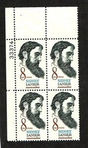 1972 U.S. COMMEM 8c SIDNEY LANIER POET Plt# Blk of 4 Sc#1446 M/NH/OG GEM! - Picture 1 of 1