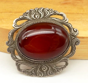 Broche antiguo rojo cornalina perseguido floral inspirado en Asia - Imagen 1 de 8