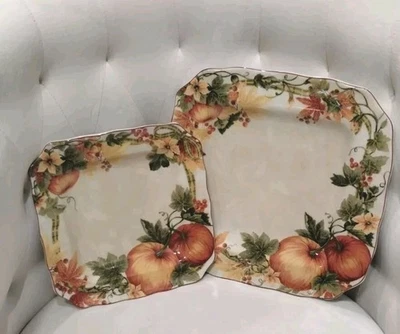 222 Fifth 8 pc PUMPKIN VINE ORANGE DINNER & SALAD PLATES SQUARE Thanksgiving NEW - Image 1 of 4