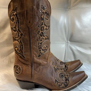 Leoparden-Inlay Damenstiefel 8,5 9 B JB Dillon Nieten braun schwarz UVP 329 $. Selten! - Bild 1 von 14