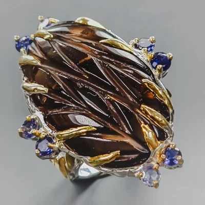 Anillo de cuarzo ahumado natural hecho a mano 60 quilates + plata de ley 925 tamaño 8,5/R438575 Foto 1 de 4