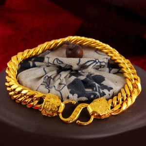 18k Yellow Gold Over Brass Wide 12mm Link Chain 8" Dragon Bracelet Gift D799 - Picture 1 of 6