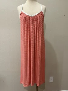 Ellen Tracy Pajamas Nightie Medium Striped Salmon Pink Adorable Long Slim Fit - Picture 1 of 7