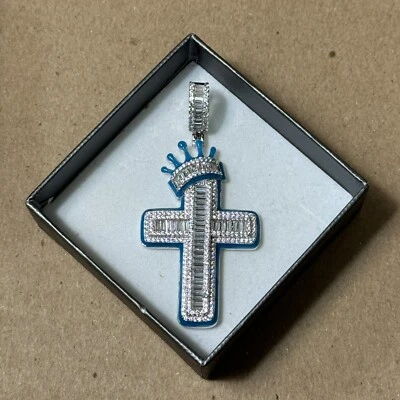 Baguette Crown Cross Pendant 925 Silver Schwartzki Crystals Blue Enamel - Image 1 of 4