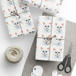 Cat Lover Wrapping Papers, Gift Wrap Sheets, Feline Theme White Persian Kitty - Picture 1 of 25