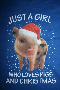 JUST A GIRL WHO LOVES PIGS AND CHRISTMAS T-Shirt Ladies, Medium, Blue - Picture 1 of 5