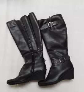 Aerosoles Knee High Wedge Boots Women's Size 8 US Black Faux Leather Double Zip - Picture 1 of 8