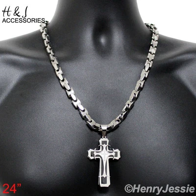 24"MEN Stainless Steel HEAVY 8mm Silver Interlock Bones Chain Cross Pendant*PH3 - Image 1 of 4