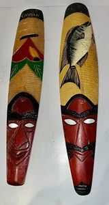 Set Of Two Jamaican Wooden Masks Home Decorative Art Wall Hanging Both 24" Tall - Picture 1 of 6