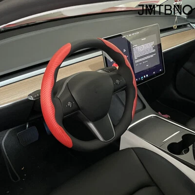 Carbon Fiber Car Steering Wheel Cover Red Leather For Tesla Model 3 S X Y 15" - Image 1 of 4