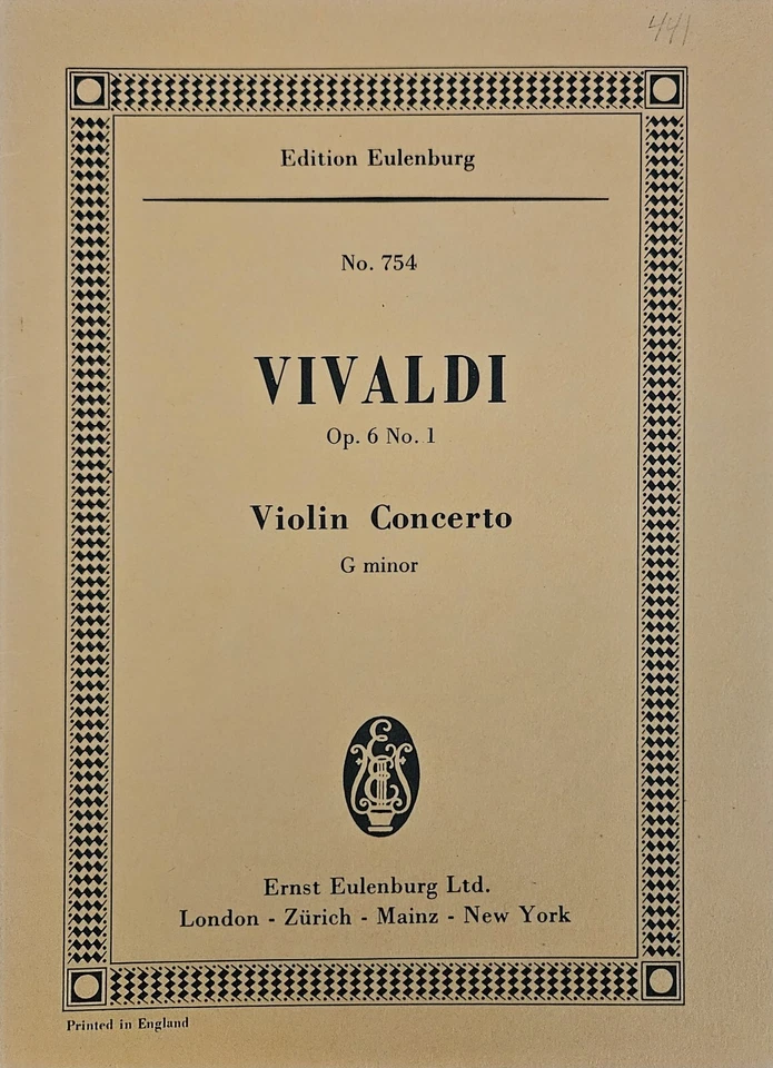 Vivaldi Violin Concerto Op. 6 No. 1 in G Minor Edition Eulenburg Score - Image 1 of 1