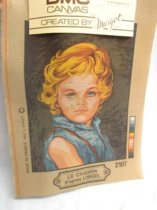 Vintage MARGOT Paris Needlepoint Canvas France Child Portrait "Sorrow" 9 x 12 - Picture 1 of 9