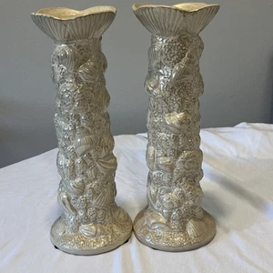 Stacked Seashells Sanibel Tall Pedestal Candle Holders Coastal Shiny Sea Scallop - Picture 1 of 14