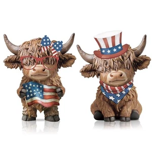 2 Pcs Highland Cow Figurines 4th of July Highland Cow Gnomes Patriotic Scotti... - Picture 1 of 6