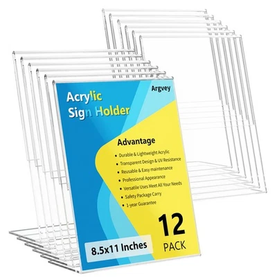 12 Pack Acrylic Sign Holder, Clear 8.5 x 11 Inch Slant Back Vertical Sign Hol... - Image 1 of 4