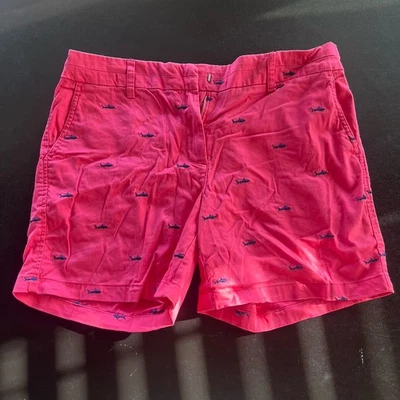 Women’s British Khaki Bright Pink Shorts w/ Embroidered Navy Sharks Size 10 - Image 1 of 4