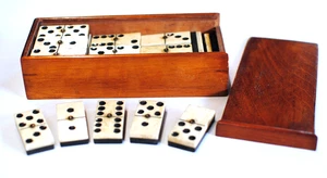 Schönes edwardianisches Domino Set um 1905, Knochen und Ebenholz - Original Mahagoni Box - Bild 1 von 7