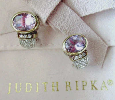 Judith Ripka JR TWO 925 SS & 18K Gold Pink Quartz and Diamond Pierced Earrings - Image 1 of 4