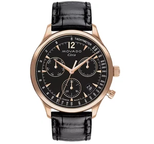 MOVADO HERITAGE $995 MEN'S CIRCA CHRONO ROSE GOLD BLACK LEATHER WATCH 3650109 - Picture 1 of 2