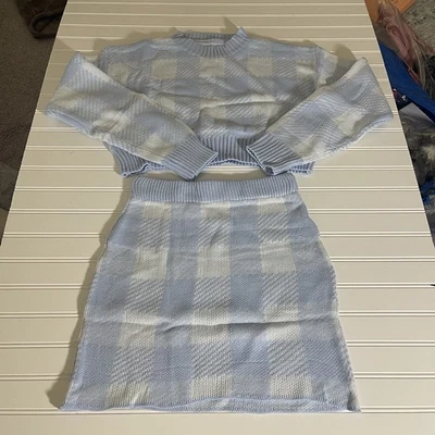 Mini Suéter y Falda Moderna Suave Sin Marca Talla M Azul Claro Blanco Tejido Tweed Foto 1 de 4