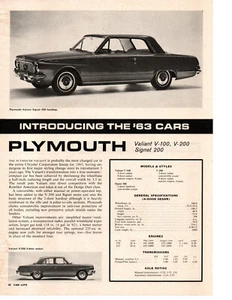 1963 PLYMOUTH VALIANT, V-100, V-200, SIGNET ~ ORIG NEW CAR PREVIEW ARTICLE / AD - Bild 1 von 1