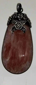 Vintage Sterling Silver Watermelon Quartz Pendant with Floral Cap - Picture 1 of 4