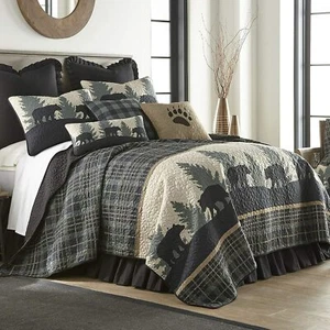 QUEEN Rustic Bear Walk Plaid Country Lodge Farmhouse Bedding Quilt Set Two Shams - Picture 1 of 11