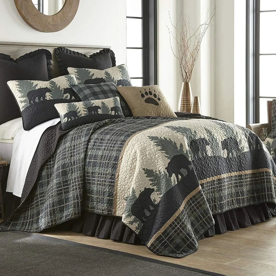 TWIN Rustic Bear Plaid Country Lodge Farmhouse Bedding Quilt One Sham - Image 1 of 4