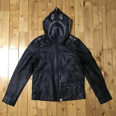BAPE sheepskin leather shark full zip hoodie biker jacket A Bathing Ape Size M - Image 1 of 4