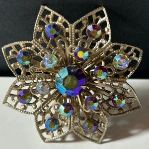 Aurora Borealis Flower Brooch Goldtone Vintage Fashion Colorful Delicate - Picture 1 of 8