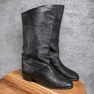 Amanda Smith Womens Black Leather Boots Size 7 M Low Heel Mid Calf Slip on - Picture 1 of 8