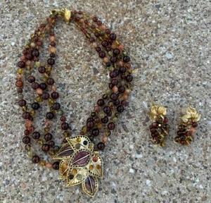 Vtg OSCAR DE LA RENTA 4-Strand Statement Crystal Choker Leaf Necklace & Earrings - Picture 1 of 17
