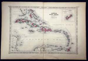 1864 Johnson's West Indies Cuba Bahama Islands Color Map Steel Engraving - Picture 1 of 17