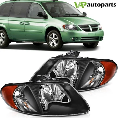 For 2001-2007 Dodge Caravan Headlights Assembly Pair Black Housing Headlamp - Image 1 of 4