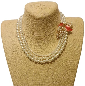 Faux Pearl Leaf Brooch Necklace Beaded Layered Multi Strand Statement Chunky UK - Picture 1 of 5