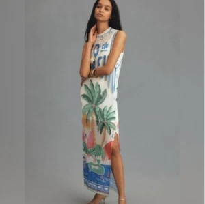 Farm Rio RIO DE JANEIRO Graphic Mesh Midi Dress M Petite Colorful MISSING SLIP - Picture 1 of 21