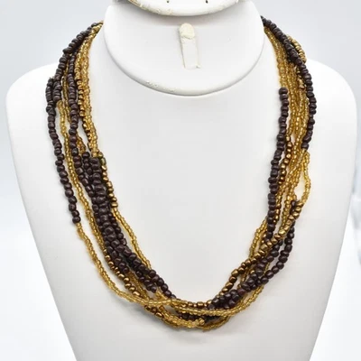 Collar Gargantilla Multi-hilo Cuentas Semilla Vidrio Chocolate y Ámbar 18" Oro Satinado-T Foto 1 de 3