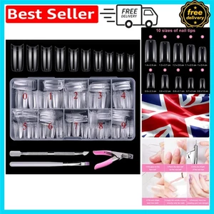 Glossy Finish 500-Piece Clear False Nails - 10 Sizes with Nail Cutter & Files - Picture 1 of 9