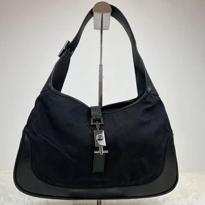 GUCCI Canvas Jackie handbag Black One Shoulder Bag Leather From Japan - Picture 1 of 24