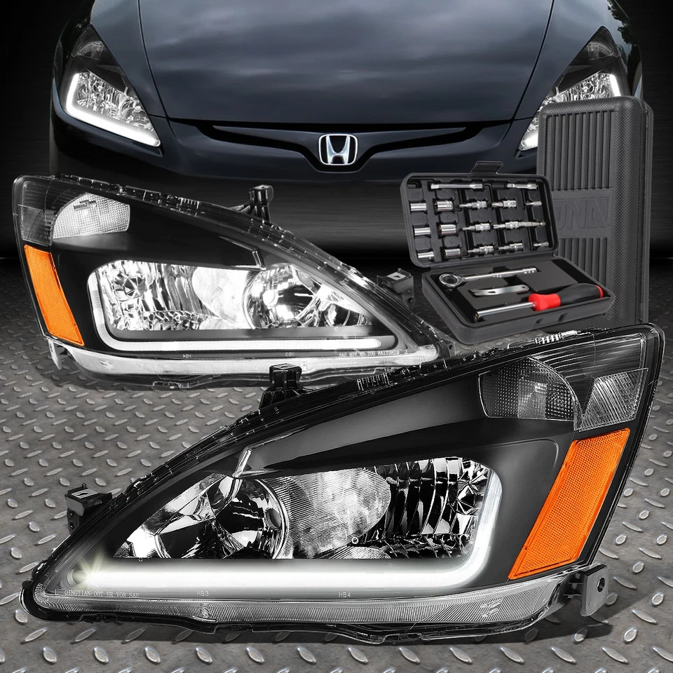 FOR 03-07 HONDA ACCORD LED DRL TUBE BLACK/AMBER CORNER HEADLIGHT LAMPS+TOOL SET - Изображение 1 из 4