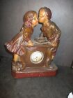 1908 Chalkware Figural Mantel Clock Tete A Tete Children Kissing E395 Pa